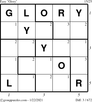 The grouppuzzles.com Easy Glory puzzle for Friday January 22, 2021 with all 3 steps marked