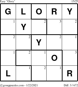 The grouppuzzles.com Easy Glory puzzle for Friday January 22, 2021 with the first 3 steps marked