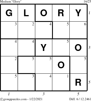 The grouppuzzles.com Medium Glory puzzle for Friday January 22, 2021 with all 6 steps marked