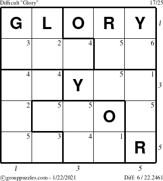 The grouppuzzles.com Difficult Glory puzzle for Friday January 22, 2021 with all 6 steps marked