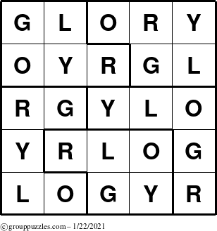 The grouppuzzles.com Answer grid for the Glory puzzle for Friday January 22, 2021