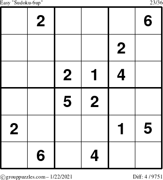 The grouppuzzles.com Easy Sudoku-6up puzzle for Friday January 22, 2021