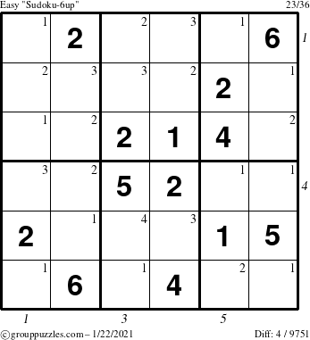 The grouppuzzles.com Easy Sudoku-6up puzzle for Friday January 22, 2021 with all 4 steps marked