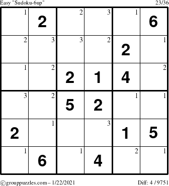 The grouppuzzles.com Easy Sudoku-6up puzzle for Friday January 22, 2021 with the first 3 steps marked