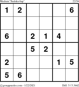 The grouppuzzles.com Medium Sudoku-6up puzzle for Friday January 22, 2021