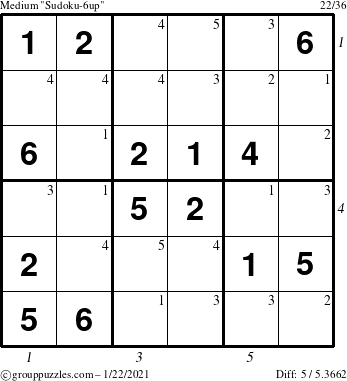 The grouppuzzles.com Medium Sudoku-6up puzzle for Friday January 22, 2021 with all 5 steps marked