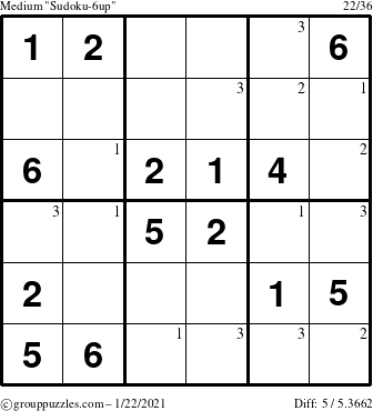 The grouppuzzles.com Medium Sudoku-6up puzzle for Friday January 22, 2021 with the first 3 steps marked