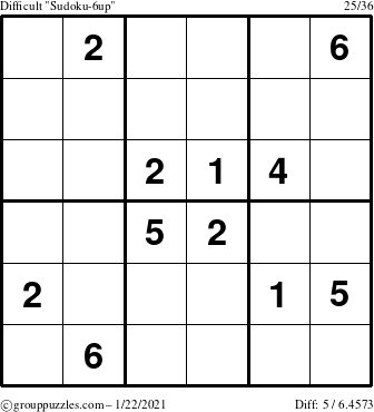 The grouppuzzles.com Difficult Sudoku-6up puzzle for Friday January 22, 2021