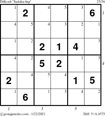 The grouppuzzles.com Difficult Sudoku-6up puzzle for Friday January 22, 2021 with all 5 steps marked