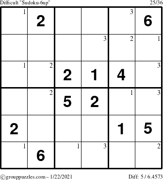 The grouppuzzles.com Difficult Sudoku-6up puzzle for Friday January 22, 2021 with the first 3 steps marked