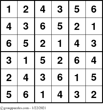 The grouppuzzles.com Answer grid for the Sudoku-6up puzzle for Friday January 22, 2021