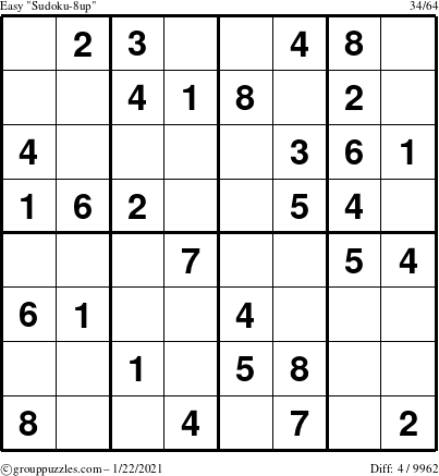 The grouppuzzles.com Easy Sudoku-8up puzzle for Friday January 22, 2021