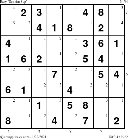 The grouppuzzles.com Easy Sudoku-8up puzzle for Friday January 22, 2021 with all 4 steps marked