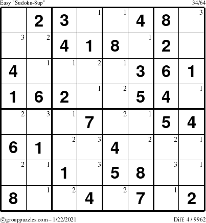 The grouppuzzles.com Easy Sudoku-8up puzzle for Friday January 22, 2021 with the first 3 steps marked