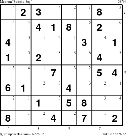 The grouppuzzles.com Medium Sudoku-8up puzzle for Friday January 22, 2021 with all 6 steps marked