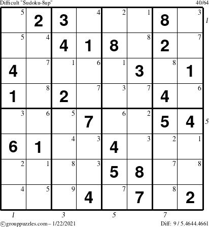 The grouppuzzles.com Difficult Sudoku-8up puzzle for Friday January 22, 2021, suitable for printing, with all 9 steps marked