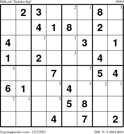 The grouppuzzles.com Difficult Sudoku-8up puzzle for Friday January 22, 2021 with the first 3 steps marked