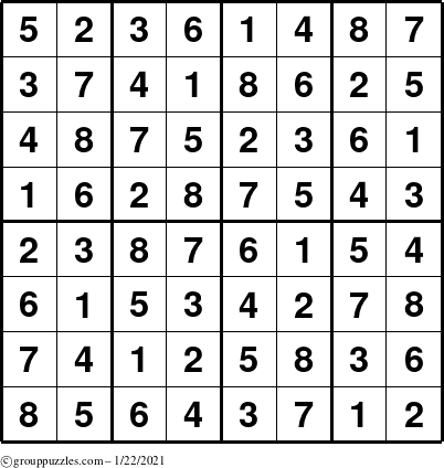 The grouppuzzles.com Answer grid for the Sudoku-8up puzzle for Friday January 22, 2021