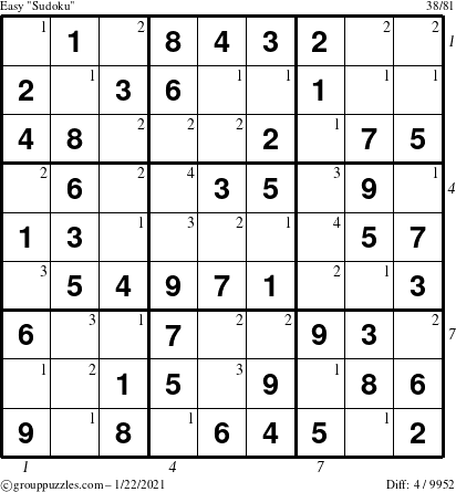 The grouppuzzles.com Easy Sudoku puzzle for Friday January 22, 2021, suitable for printing, with all 4 steps marked