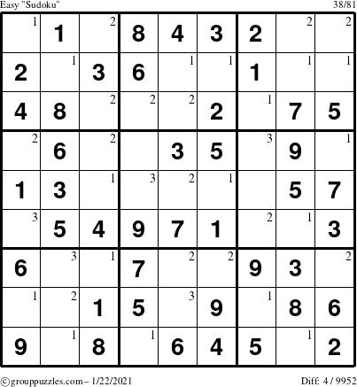 The grouppuzzles.com Easy Sudoku puzzle for Friday January 22, 2021 with the first 3 steps marked