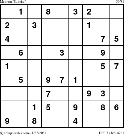 The grouppuzzles.com Medium Sudoku puzzle for Friday January 22, 2021