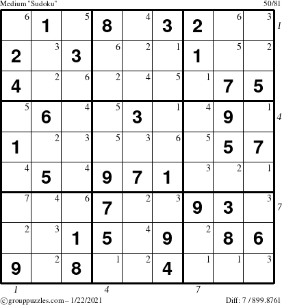 The grouppuzzles.com Medium Sudoku puzzle for Friday January 22, 2021 with all 7 steps marked