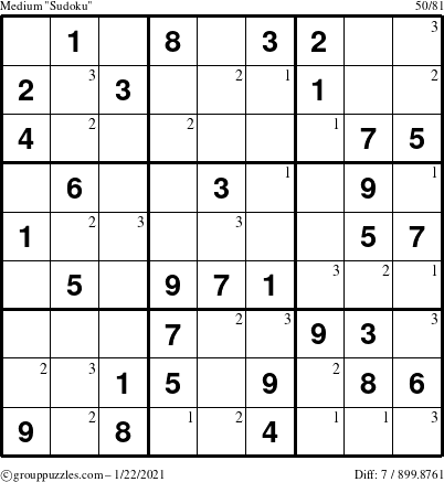 The grouppuzzles.com Medium Sudoku puzzle for Friday January 22, 2021 with the first 3 steps marked