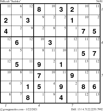 The grouppuzzles.com Difficult Sudoku puzzle for Friday January 22, 2021 with all 13 steps marked