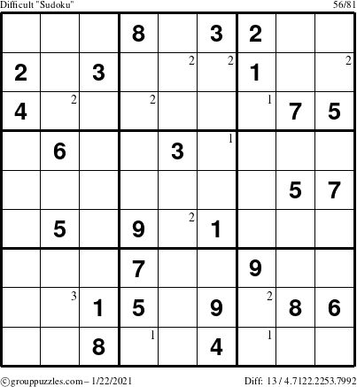 The grouppuzzles.com Difficult Sudoku puzzle for Friday January 22, 2021 with the first 3 steps marked