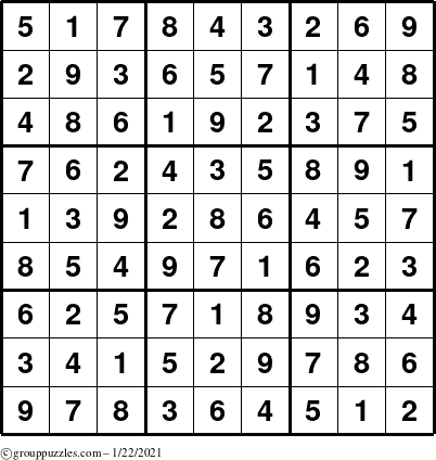 The grouppuzzles.com Answer grid for the Sudoku puzzle for Friday January 22, 2021