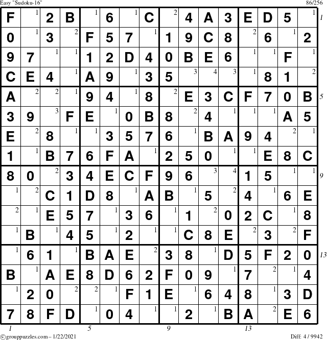 The grouppuzzles.com Easy Sudoku-16 puzzle for Friday January 22, 2021 with all 4 steps marked