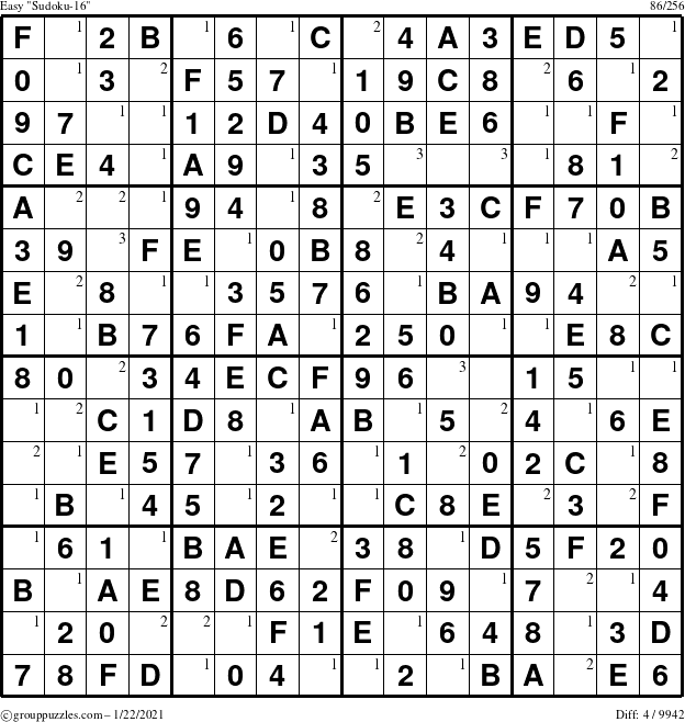 The grouppuzzles.com Easy Sudoku-16 puzzle for Friday January 22, 2021 with the first 3 steps marked