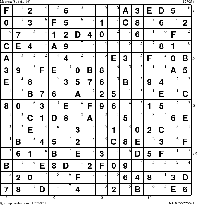 The grouppuzzles.com Medium Sudoku-16 puzzle for Friday January 22, 2021, suitable for printing, with all 8 steps marked