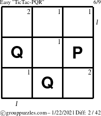 The grouppuzzles.com Easy TicTac-PQR puzzle for Friday January 22, 2021, suitable for printing, with all 2 steps marked