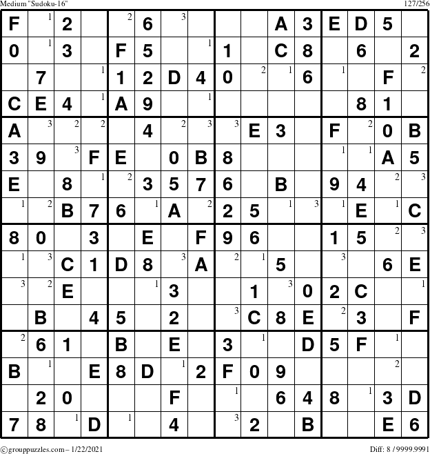 The grouppuzzles.com Medium Sudoku-16 puzzle for Friday January 22, 2021 with the first 3 steps marked