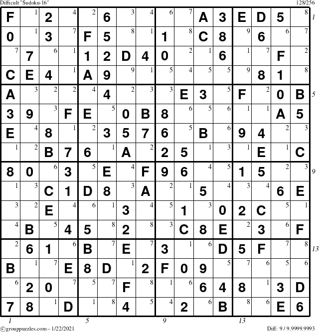 The grouppuzzles.com Difficult Sudoku-16 puzzle for Friday January 22, 2021 with all 9 steps marked