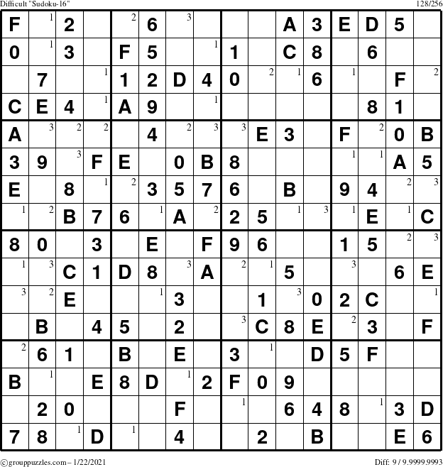 The grouppuzzles.com Difficult Sudoku-16 puzzle for Friday January 22, 2021 with the first 3 steps marked