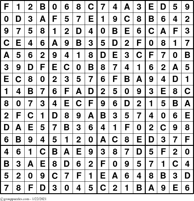 The grouppuzzles.com Answer grid for the Sudoku-16 puzzle for Friday January 22, 2021