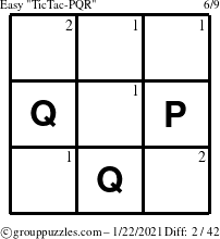 The grouppuzzles.com Easy TicTac-PQR puzzle for Friday January 22, 2021 with the first 2 steps marked