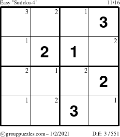 The grouppuzzles.com Easy Sudoku-4 puzzle for Saturday January 2, 2021 with the first 3 steps marked