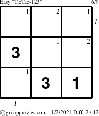 The grouppuzzles.com Easy TicTac-123 puzzle for Saturday January 2, 2021 with all 2 steps marked