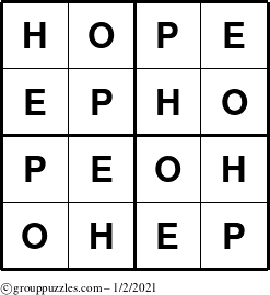 The grouppuzzles.com Answer grid for the Hope puzzle for Saturday January 2, 2021