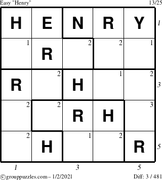 The grouppuzzles.com Easy Henry puzzle for Saturday January 2, 2021 with all 3 steps marked