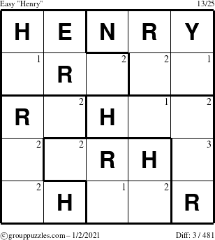 The grouppuzzles.com Easy Henry puzzle for Saturday January 2, 2021 with the first 3 steps marked