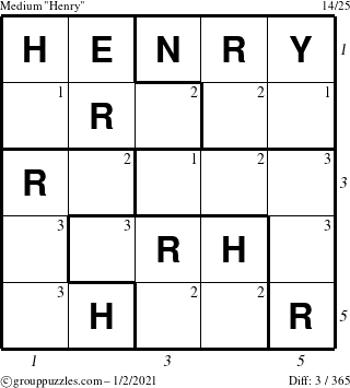 The grouppuzzles.com Medium Henry puzzle for Saturday January 2, 2021, suitable for printing, with all 3 steps marked