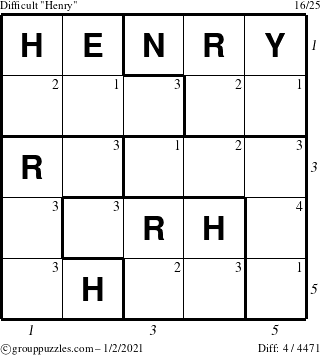 The grouppuzzles.com Difficult Henry puzzle for Saturday January 2, 2021, suitable for printing, with all 4 steps marked