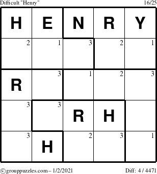 The grouppuzzles.com Difficult Henry puzzle for Saturday January 2, 2021 with the first 3 steps marked