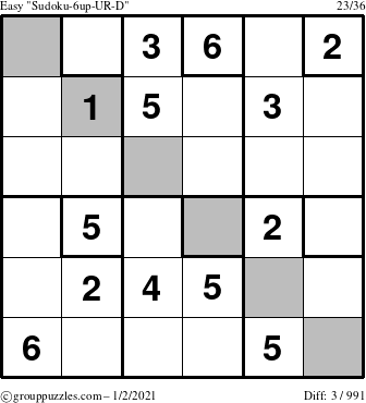 The grouppuzzles.com Easy Sudoku-6up-UR-D puzzle for Saturday January 2, 2021