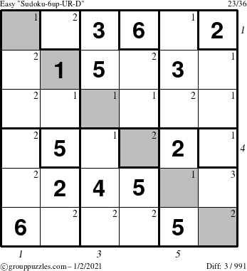 The grouppuzzles.com Easy Sudoku-6up-UR-D puzzle for Saturday January 2, 2021 with all 3 steps marked