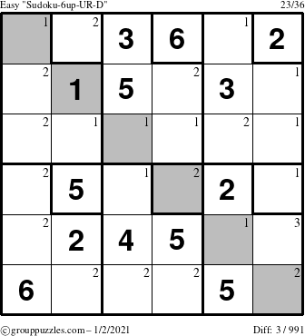 The grouppuzzles.com Easy Sudoku-6up-UR-D puzzle for Saturday January 2, 2021 with the first 3 steps marked